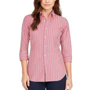Ralph Lauren Sport Women's Size 4 Pink & Green Striped Button Down 3/4 Sleeve
